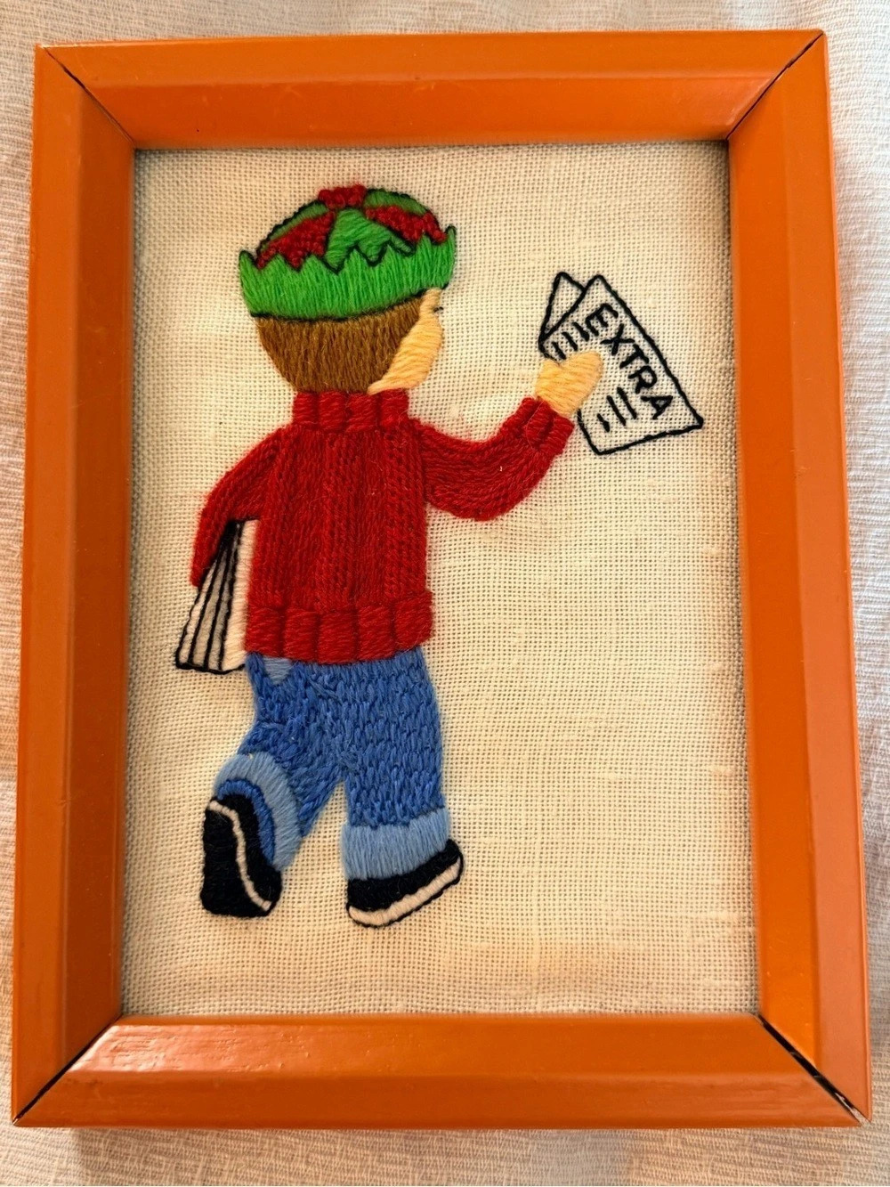 Vintage Framed Crewel Embroidery Art - Sunset Designs Jiffy Stitchery "Extra Ext